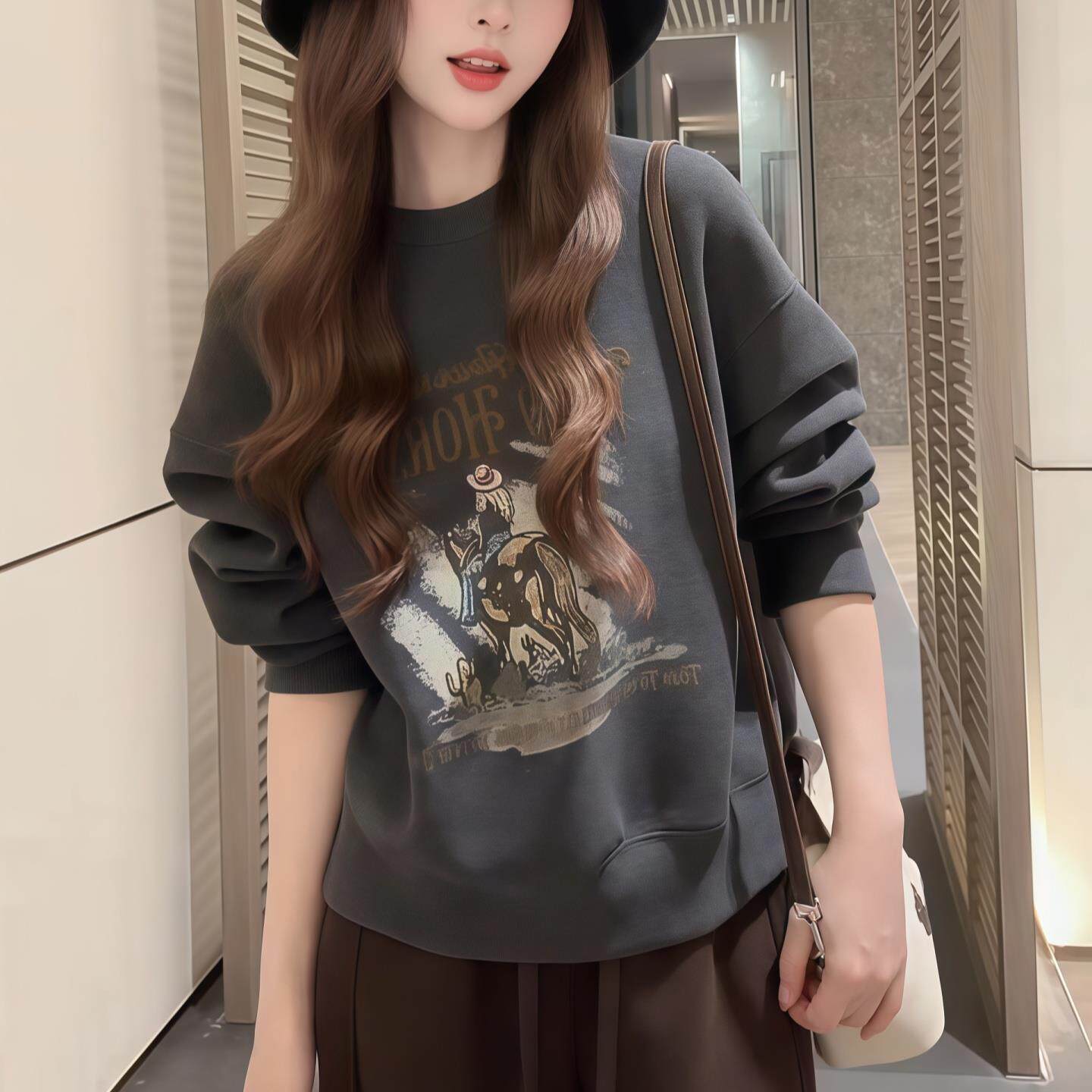 JOYIASS个性印花圆领无帽卫衣女2025新款秋季时尚潮流长袖宽松百