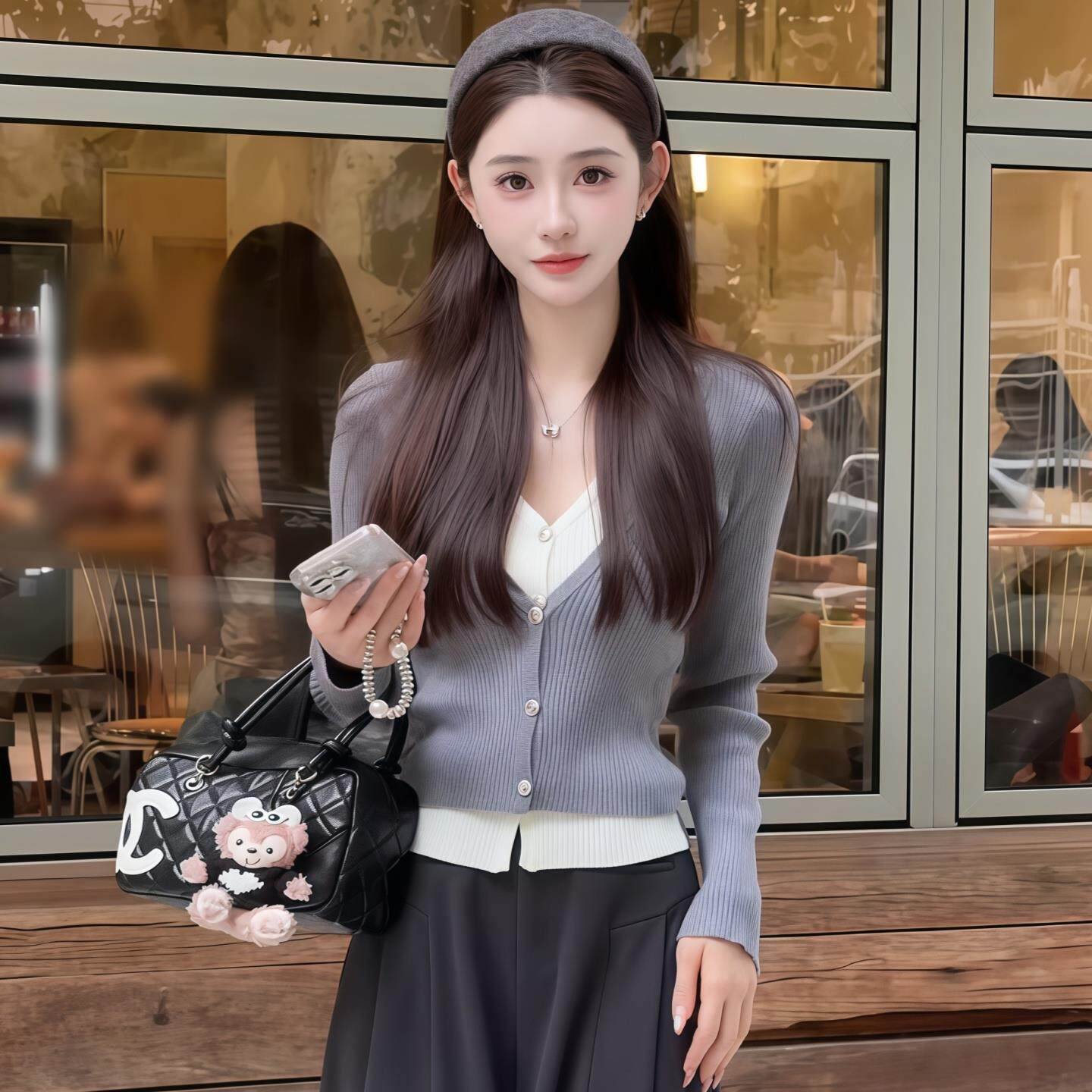JOYIASS假两件拼色针织衫女2025新款秋季修身显瘦V领长袖内搭坑条