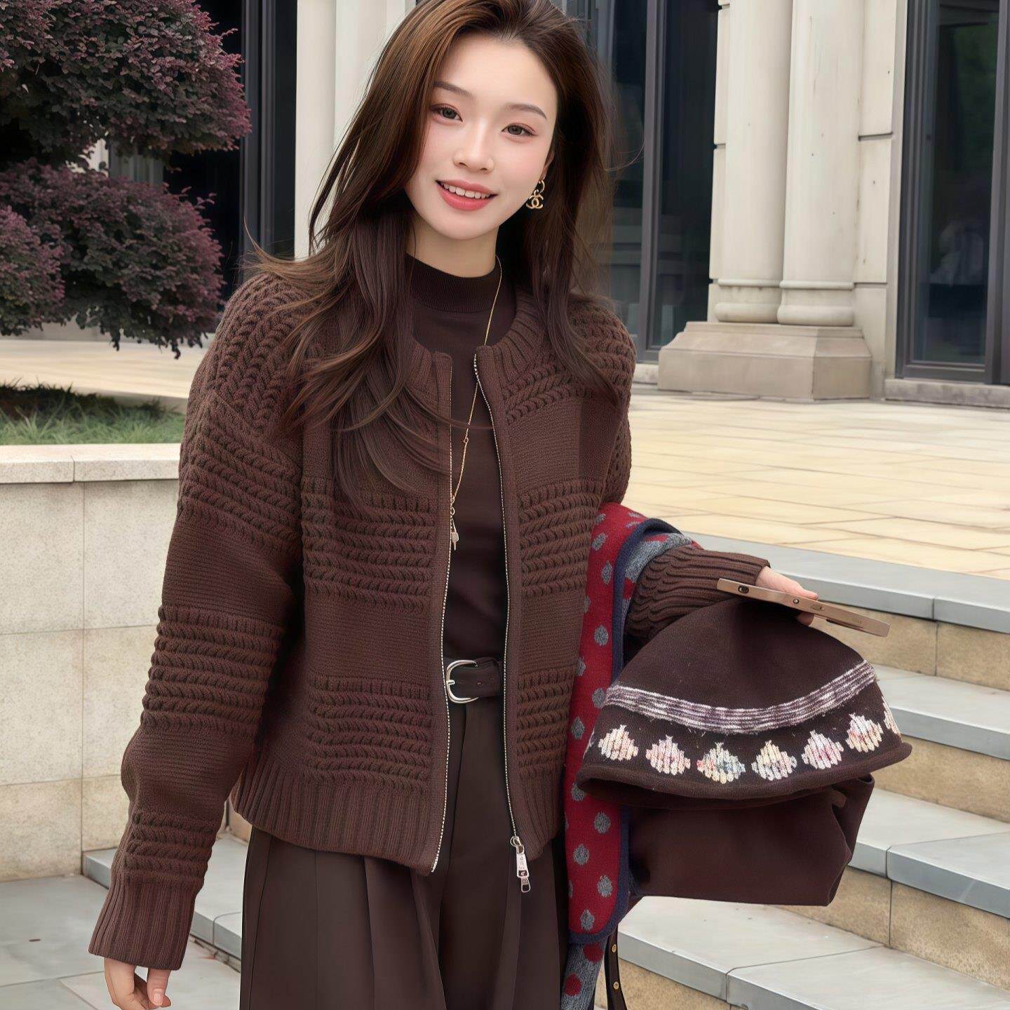 JOYIASS圆领拉链毛衣外套女2025新款深秋加厚保暖长袖短开衫宽松
