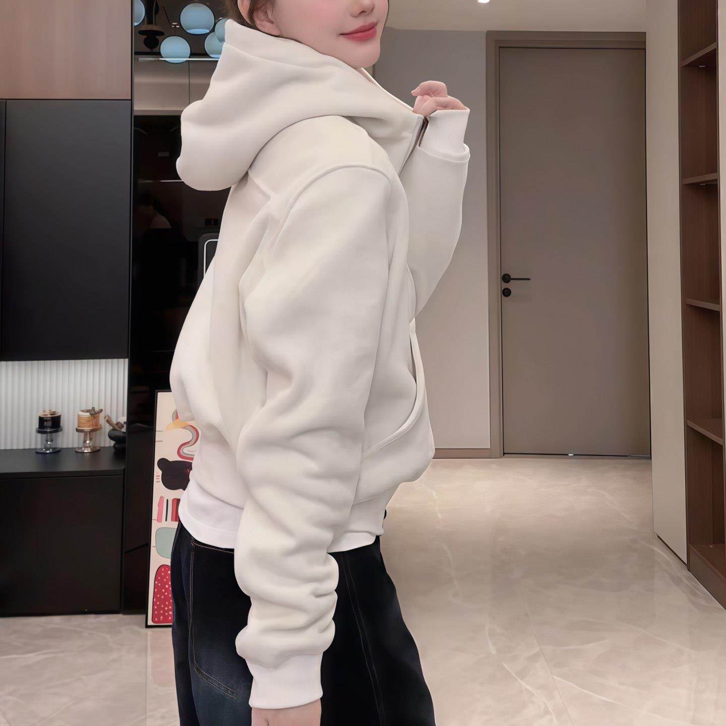 JOYIASS连帽短款加厚卫衣外套女2025新款秋季保暖显瘦收腰开衫长