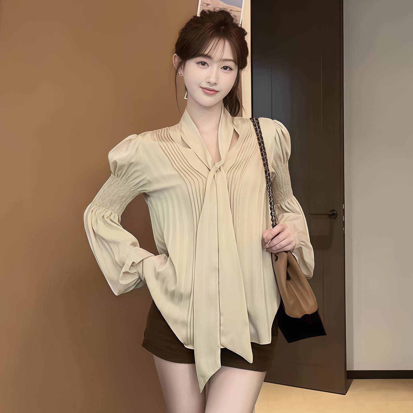 JOYIASS风琴褶飘带领衬衫女2025新款秋季别致漂亮灯笼袖衬衣法式