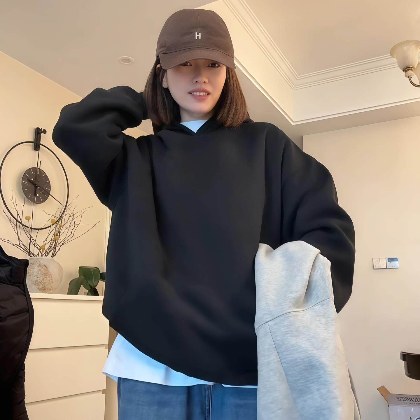 JOYIASS连帽长袖插兜卫衣女2025新款秋季慵懒宽松套头帽衫基础百