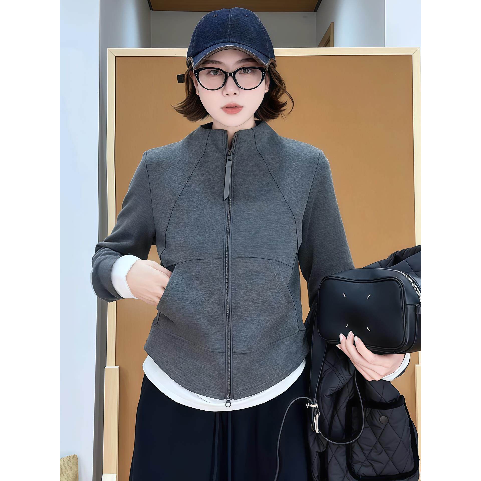 JOYIASS灰色立领拉炼卫衣外套女秋季2025新款爆款小个子正肩长袖