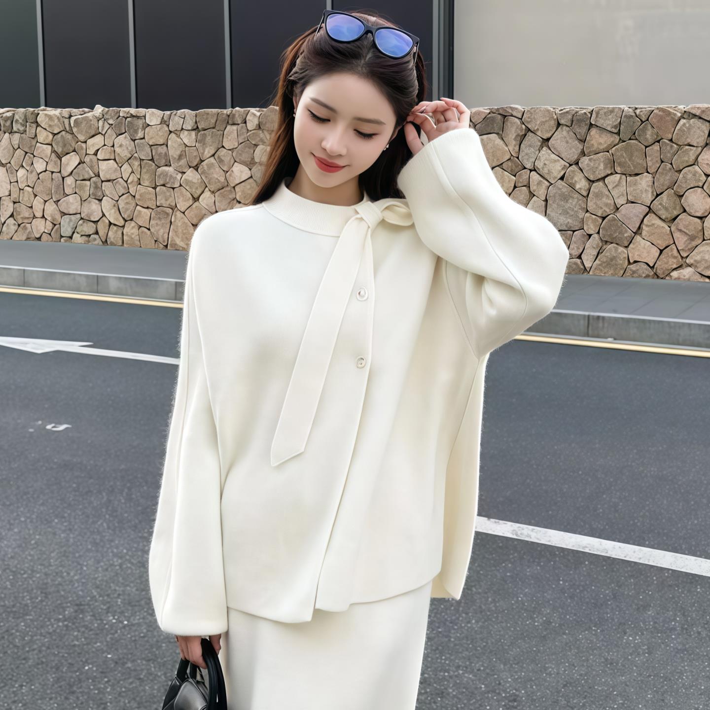 JOYIASS系带蝴蝶结毛衣外套女2025新款秋季名媛风长袖保暖开衫千