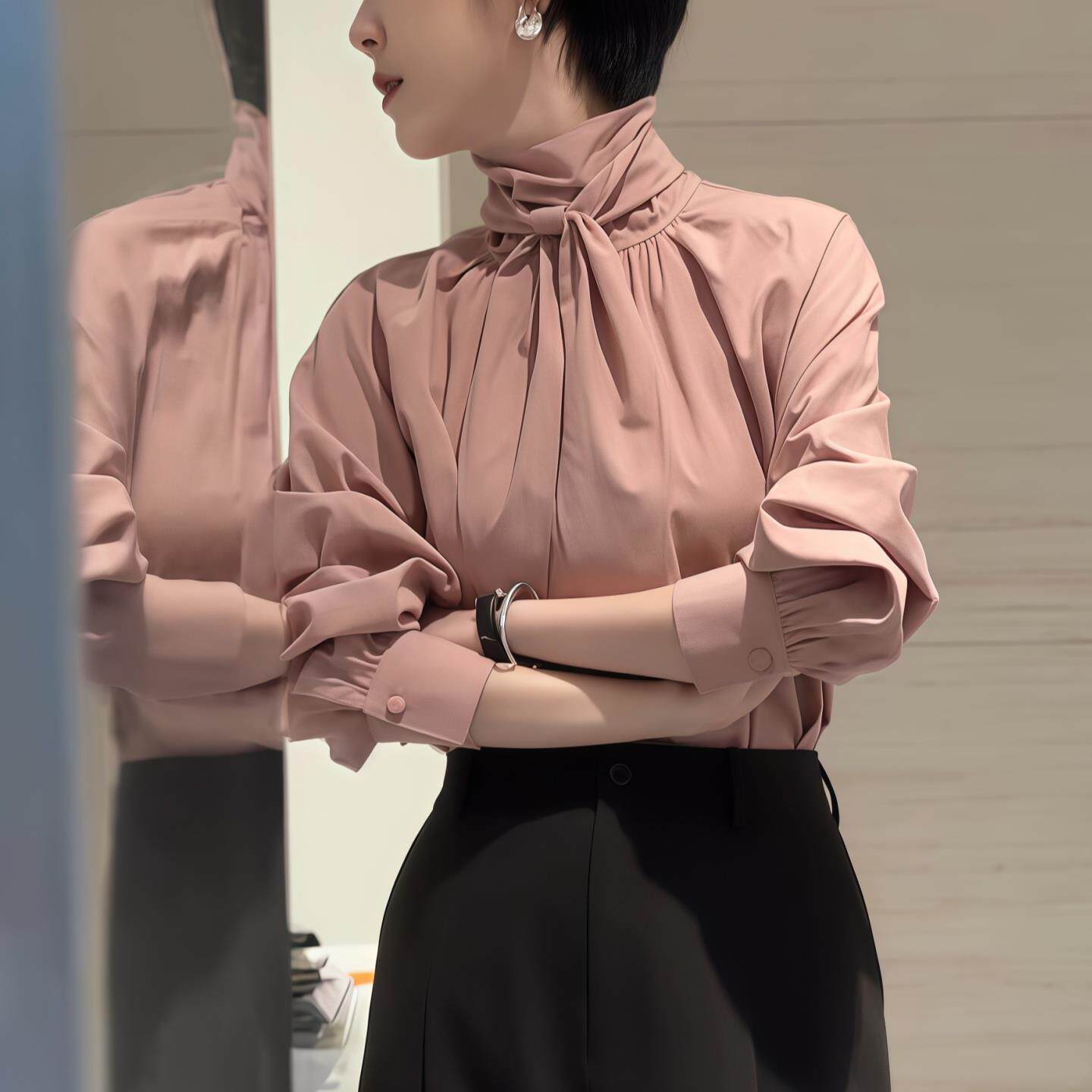JOYIASS粉色立领飘带衬衫女2025新款秋季高级感气质插肩长袖衬衣