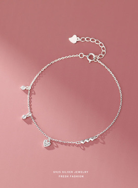 女925银光面爱心闪钻手链冷淡风