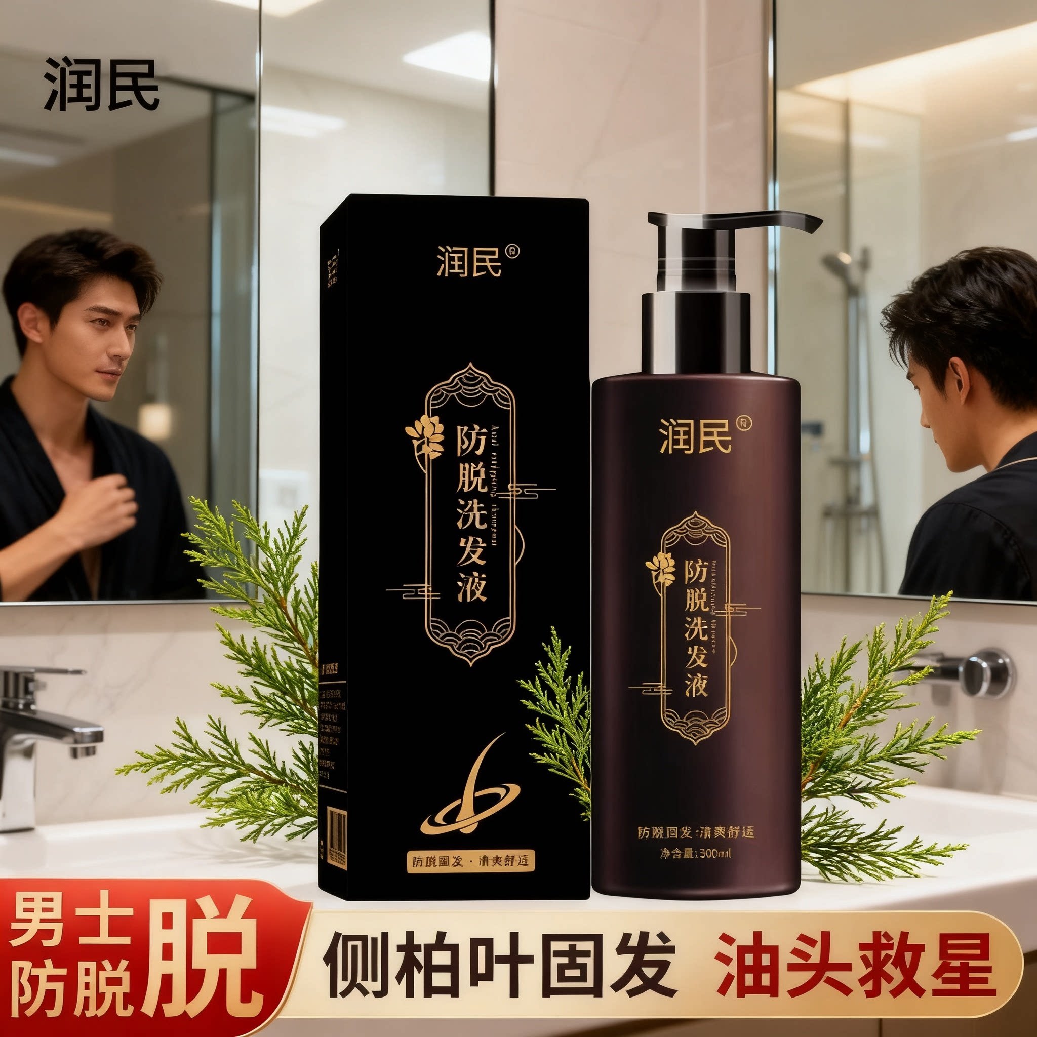 润民防脱洗发液男士专用侧柏叶防脱固发洗发水官方旗舰店品牌正品