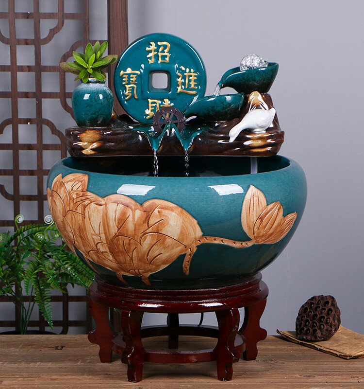 景德镇陶瓷鱼缸家用流水喷泉小金鱼缸大号养鱼盆摆件客厅加湿造景