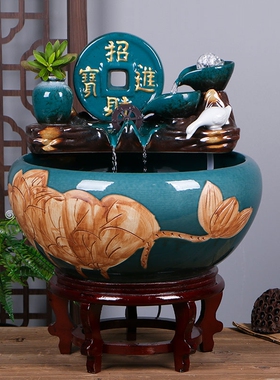 景德镇陶瓷鱼缸家用流水喷泉小金鱼缸大号养鱼盆摆件客厅加湿造景