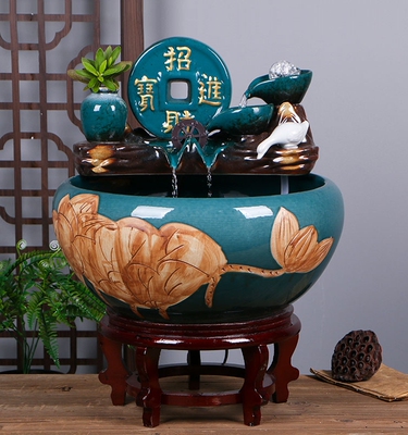 景德镇陶瓷鱼缸家用流水喷泉小金鱼缸大号养鱼盆摆件客厅加湿造景