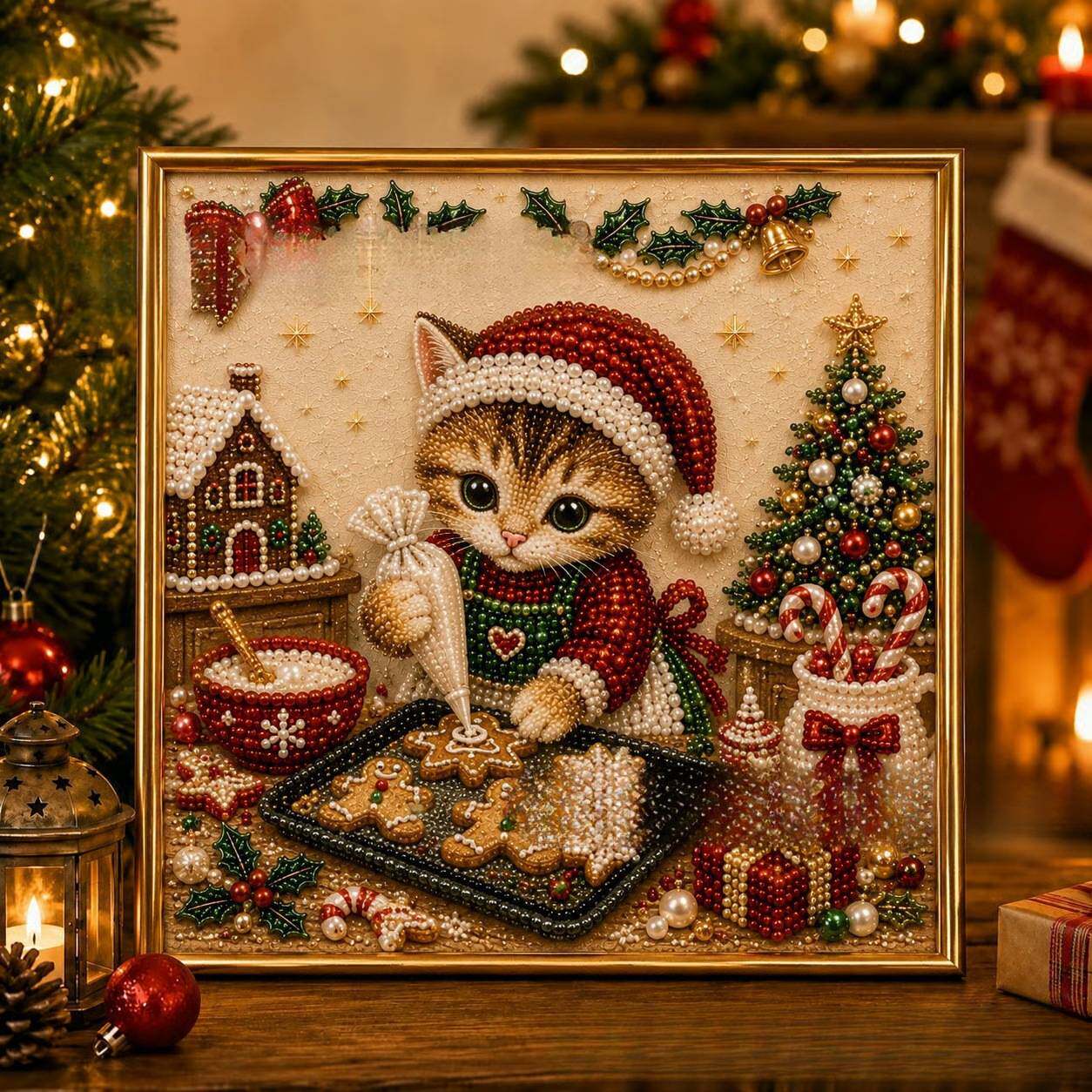 新品3D Pearl Christmas Kitty Art Kit 圣诞猫咪DIY钻石画工艺品