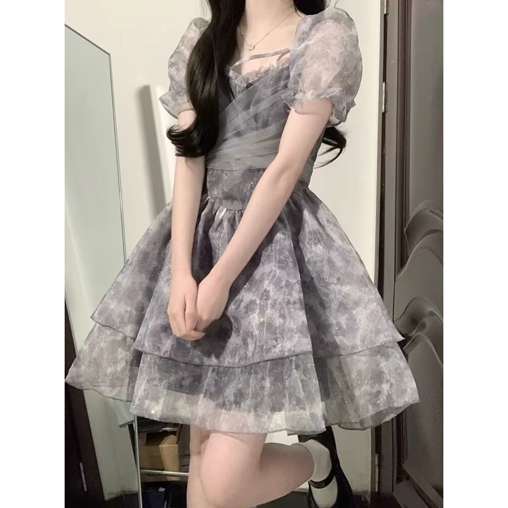 法式复古智熏裙森系后背绑带仙女蓬蓬裙细闪洒金亮片印花连衣裙女