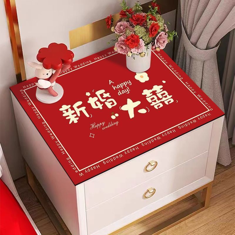 红色喜字结婚床柜盖布硅藻防滑装饰喜庆桌垫吸水免洗可擦垫子桌布