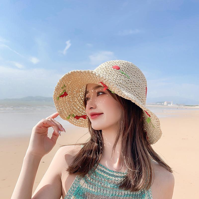 新款草帽女夏季可爱草编防晒帽海边沙滩遮阳草帽可折叠旅游太阳帽