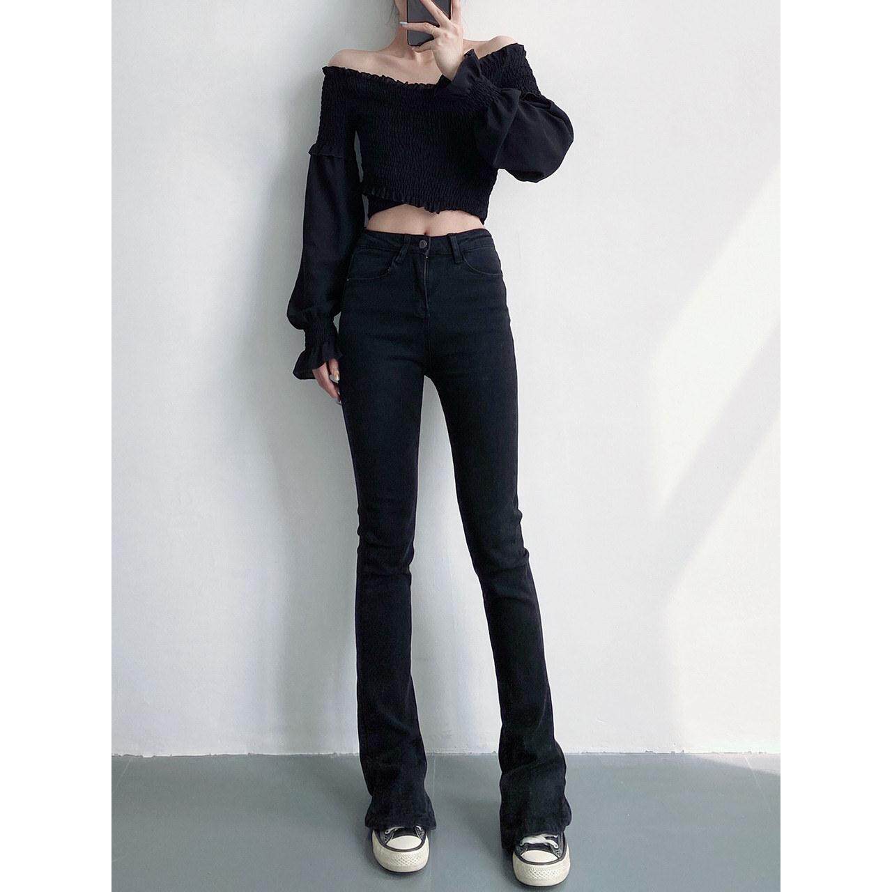 韩国黑色加绒牛仔裤女高腰显瘦微喇叭秋冬季新款弹力拖地马蹄裤潮