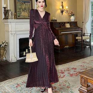 Ocnltiy亮丝V领连衣裙女秋季新款闪亮收腰显瘦晚礼服百褶大摆长裙