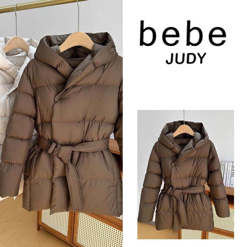 bebe judy~收腰修身羽绒服女柔软显瘦保暖连帽休闲白鸭绒短款外套