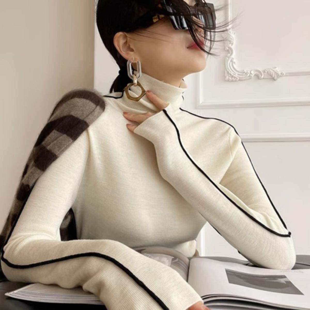 韩国秋冬撞色堆堆领羊毛针织衫女高级感紧身打底毛衣软糯高领上衣