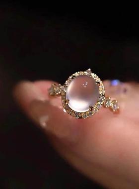 超温柔冰种白冰玉髓蛋面戒指金镶嵌翡翠开口戒指玻璃种送女友礼物