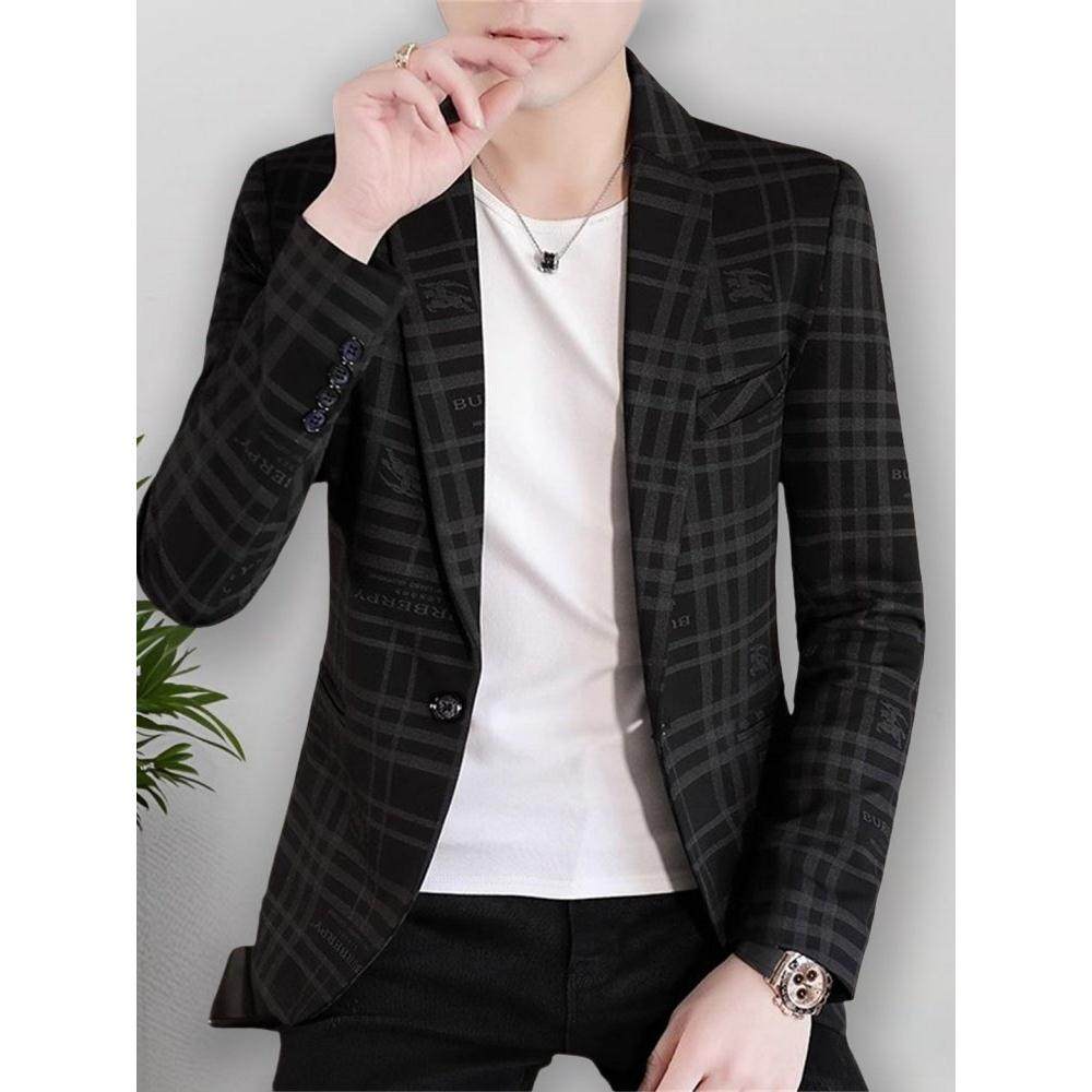 格子休闲西服男韩版高端帅气加绒单西外套秋季修身印花时尚小西装