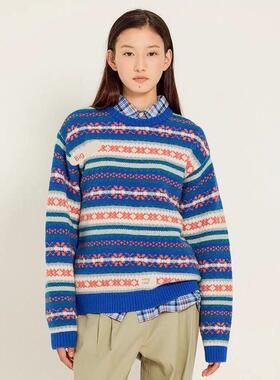 【现货】韩国sienne毛衣新款气质覆古撞色提花百搭羊毛针织衫女