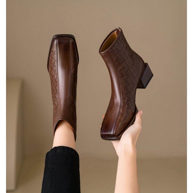 手工女鞋法式覆古羊皮粗跟短靴女秋冬新款方头低跟骑士靴薄款单靴,女鞋,时装靴,淘宝优惠券,粉丝福利购,淘宝优惠卷