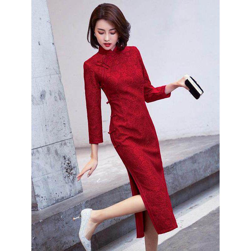 Ocnltiy改良红色蕾丝旗袍女新中式喜婆婆婚礼长袖妈妈装婚宴礼服