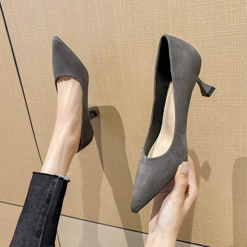 法式真皮尖头浅口高跟鞋女2025年新款春季绒面单鞋细跟职业工作鞋