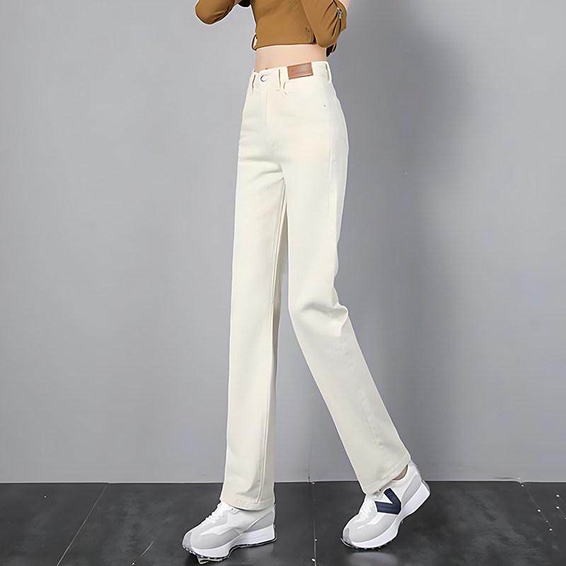 米白色阔腿牛仔裤女2025春秋新款加绒加厚垂感小个子窄版直筒裤子