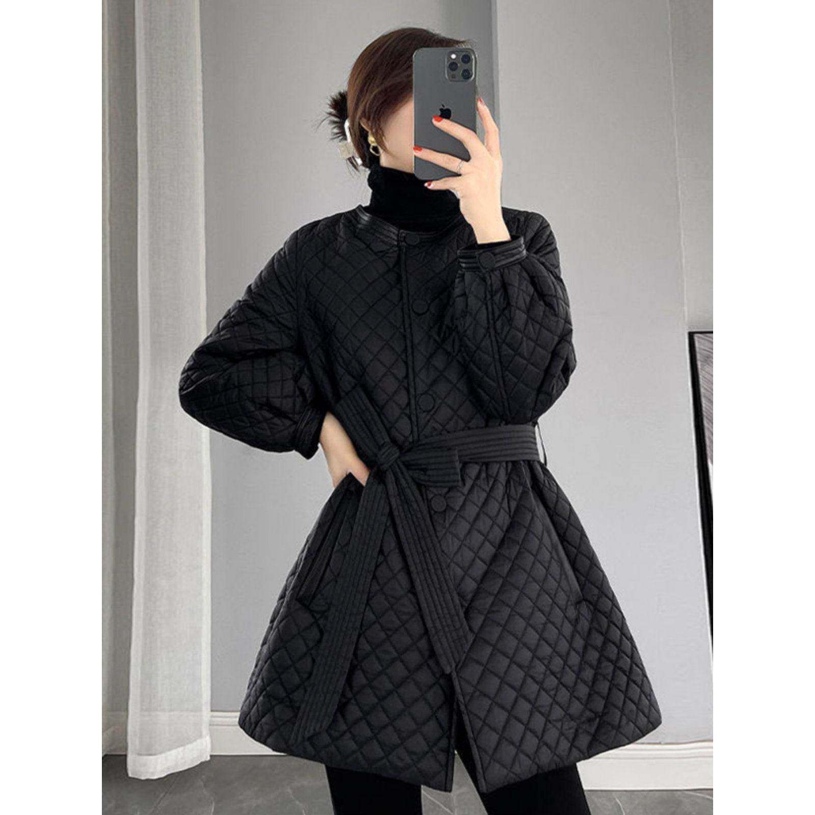 冬季加厚羽绒棉服外套女2025新款高端大码中长款收腰黑色菱格棉衣