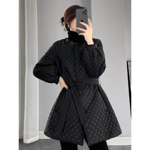冬季加厚羽绒棉服外套女2025新款高端大码中长款收腰黑色菱格棉衣