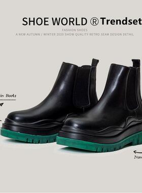 Trendsetters！轻奢不是梦~绿底切尔西靴情侣厚底增高马丁靴ins