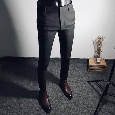 商务休闲西裤男黑色修身九分小脚裤垂感弹力韩版西装裤子男士长裤