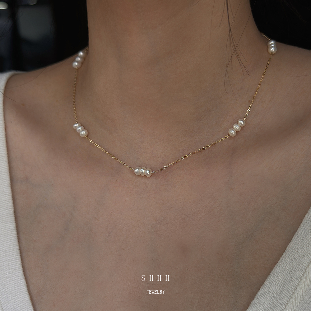 SHHH/天然强光淡水算盘珍珠手工绕线锁骨链美国14k包金不掉色项链