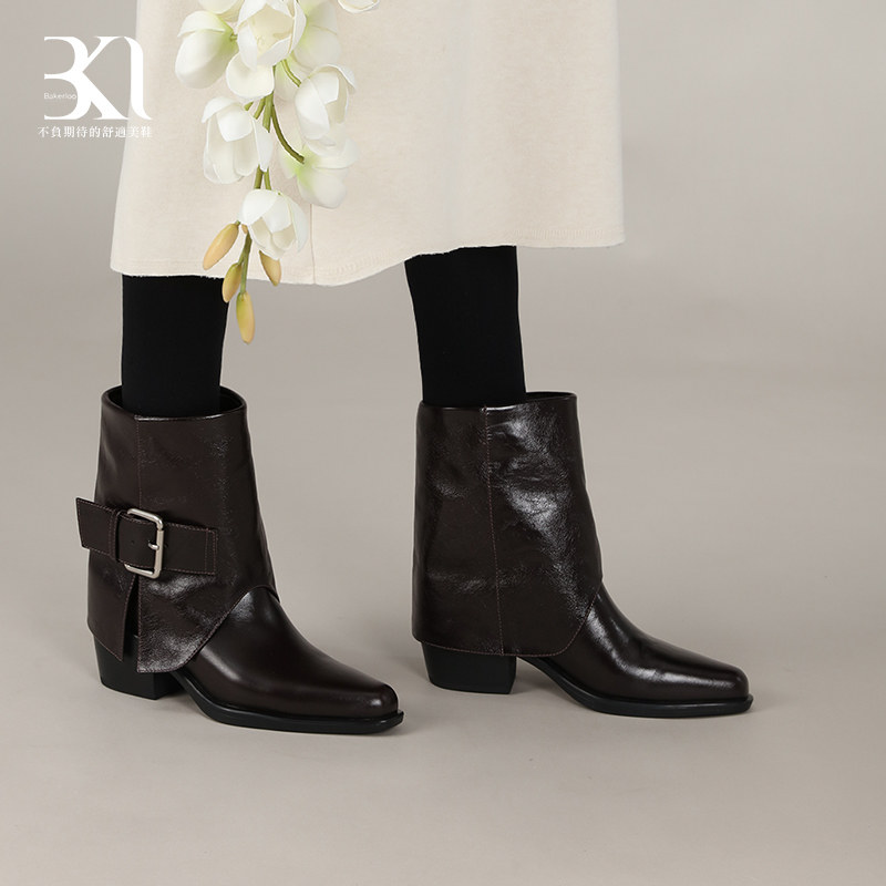 BAKERLOO方头裤管靴粗跟搭扣女靴AD217