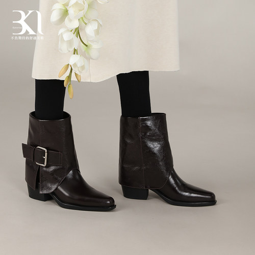 BAKERLOO方头裤管靴粗跟搭扣女靴AD217