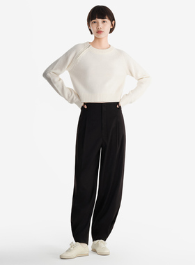 小着暖冬 PA46 黑色高腰直筒脚口系扣长裤 百搭变幻