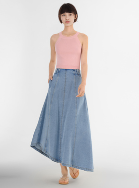 小着暖冬 SK18 浅蓝色 A 字高腰不对称设计牛仔半裙 随着自由