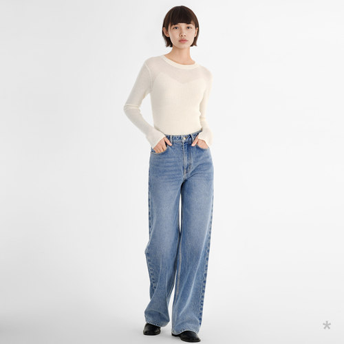 中蓝色高腰小着牛仔长裤