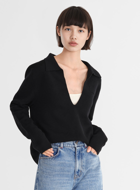小着暖冬 LK32 黑色深 V 翻领精细羊毛衫 自由深深惊梦