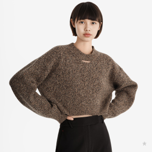 短款 深古棕色夹花圆领棒针毛衣 暖暖迈进 CH7 小着暖融毛衣