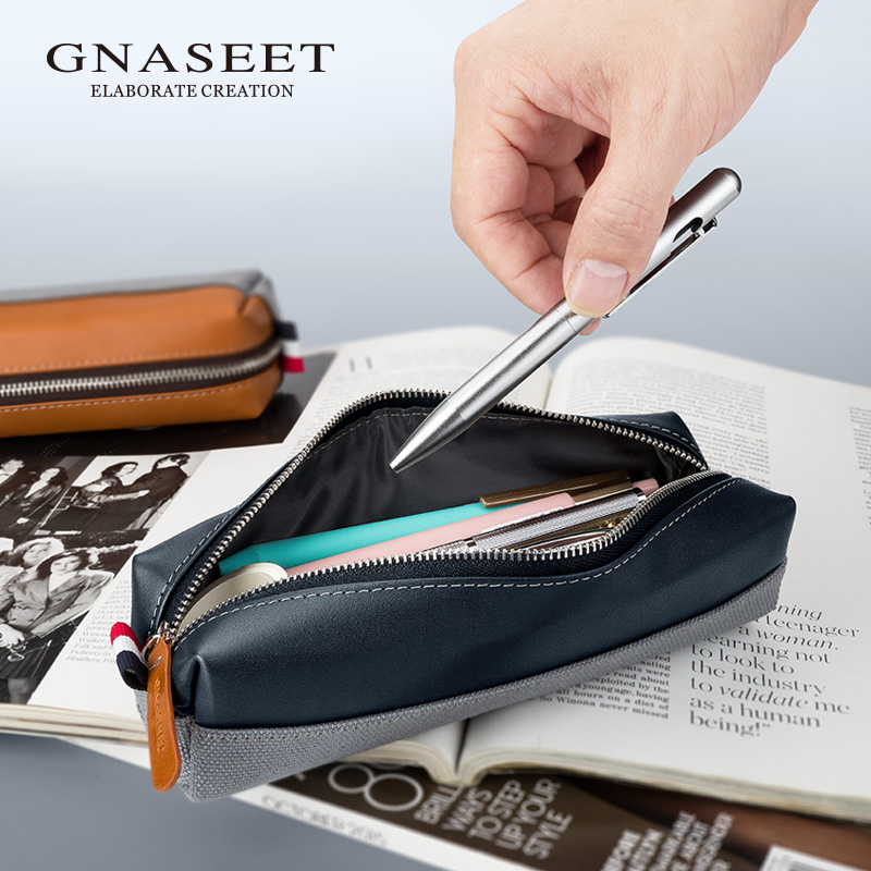 真皮笔袋大容量学生文具袋创意帆布拼色收纳袋日系小众钢笔收纳