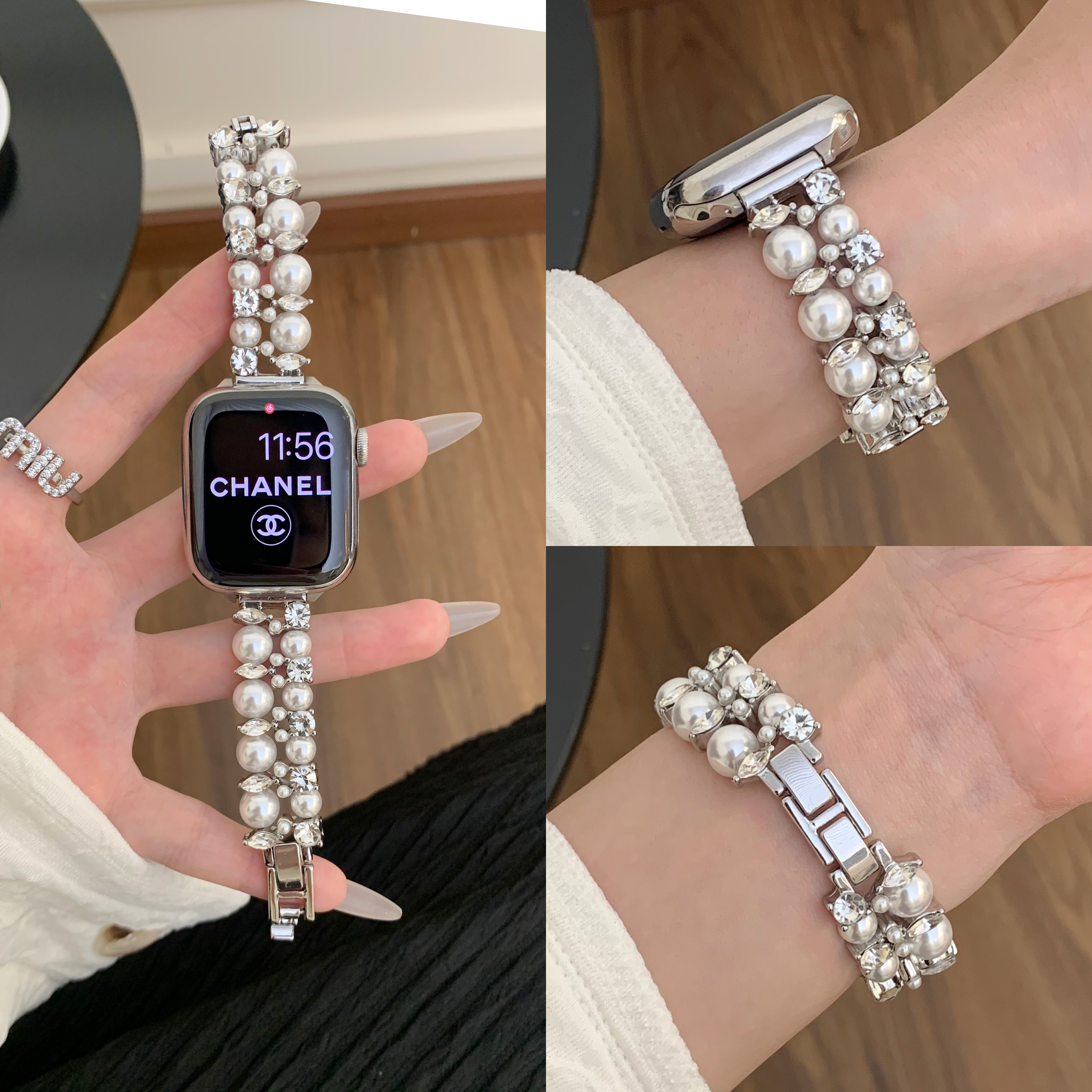 适用苹果手表s10代iwatch小香风双排镶钻珍珠链applewatch9se表带