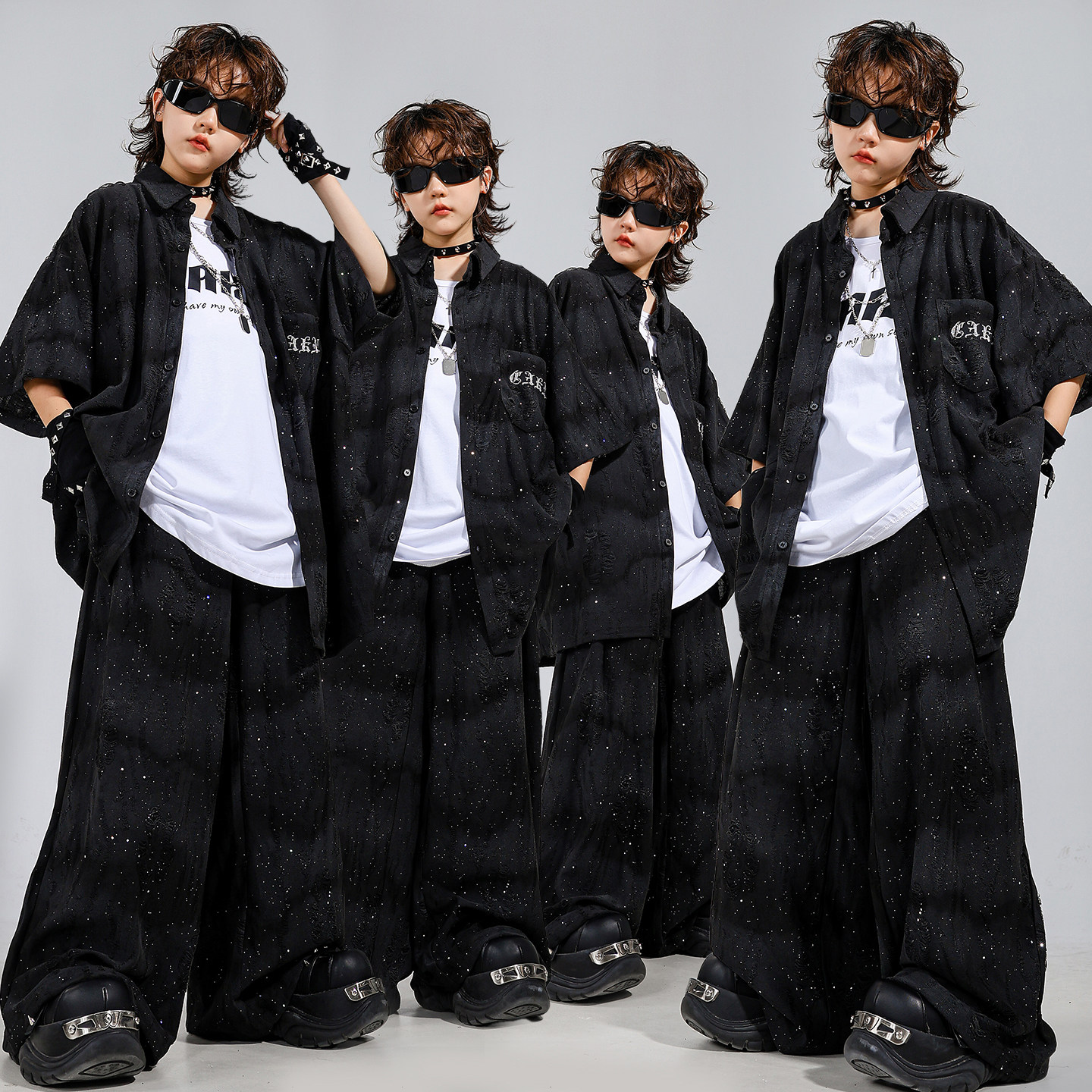 儿童街舞潮服男童酷帅嘻哈套装亮片hiphop女童爵士舞服装演出服夏