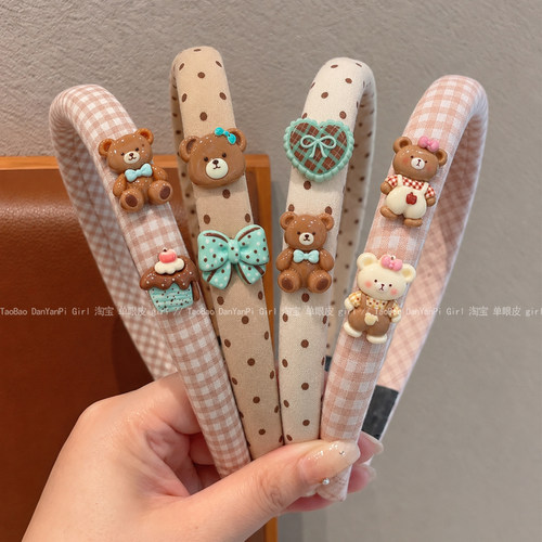 女童卡通小熊发箍宝宝可爱发饰女孩甜美格纹头箍儿童布艺防滑发卡