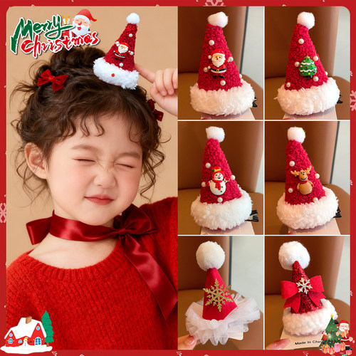 儿童圣诞帽发夹全包布不伤发发卡宝宝活动表演配饰品女孩可爱头饰
