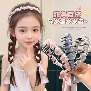 儿童高颅顶缎面飘带编发发箍女童麻花辫不勒头带齿防滑绑发头箍夏