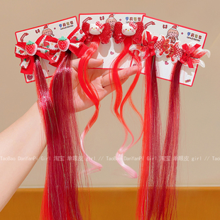 新款儿童锦鲤假发辫子女童新年红色可爱编发发夹宝宝喜庆发卡头饰