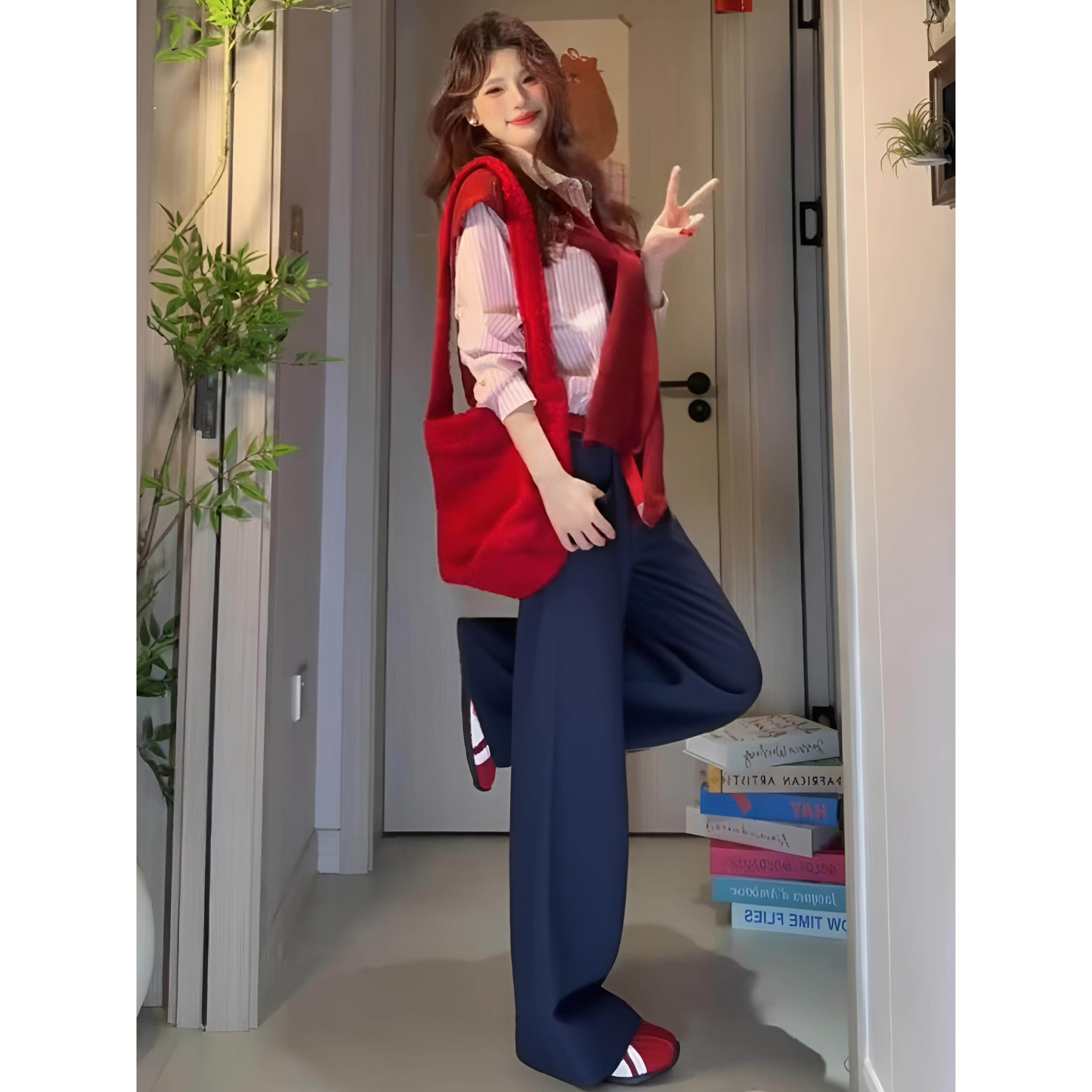 JOYIASS韩系松弛感穿搭套装女粉白条纹衬衫藏青阔腿裤时尚通勤风
