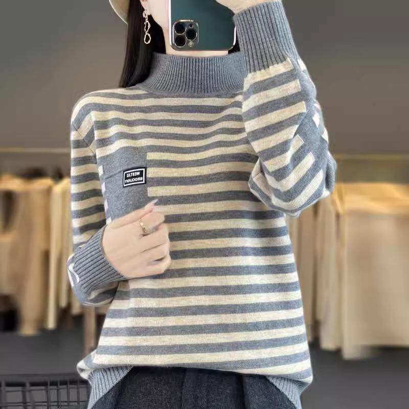 JOYIASS慵懒风针织衫女秋冬条纹简约上衣半高领宽松内搭打底软糯